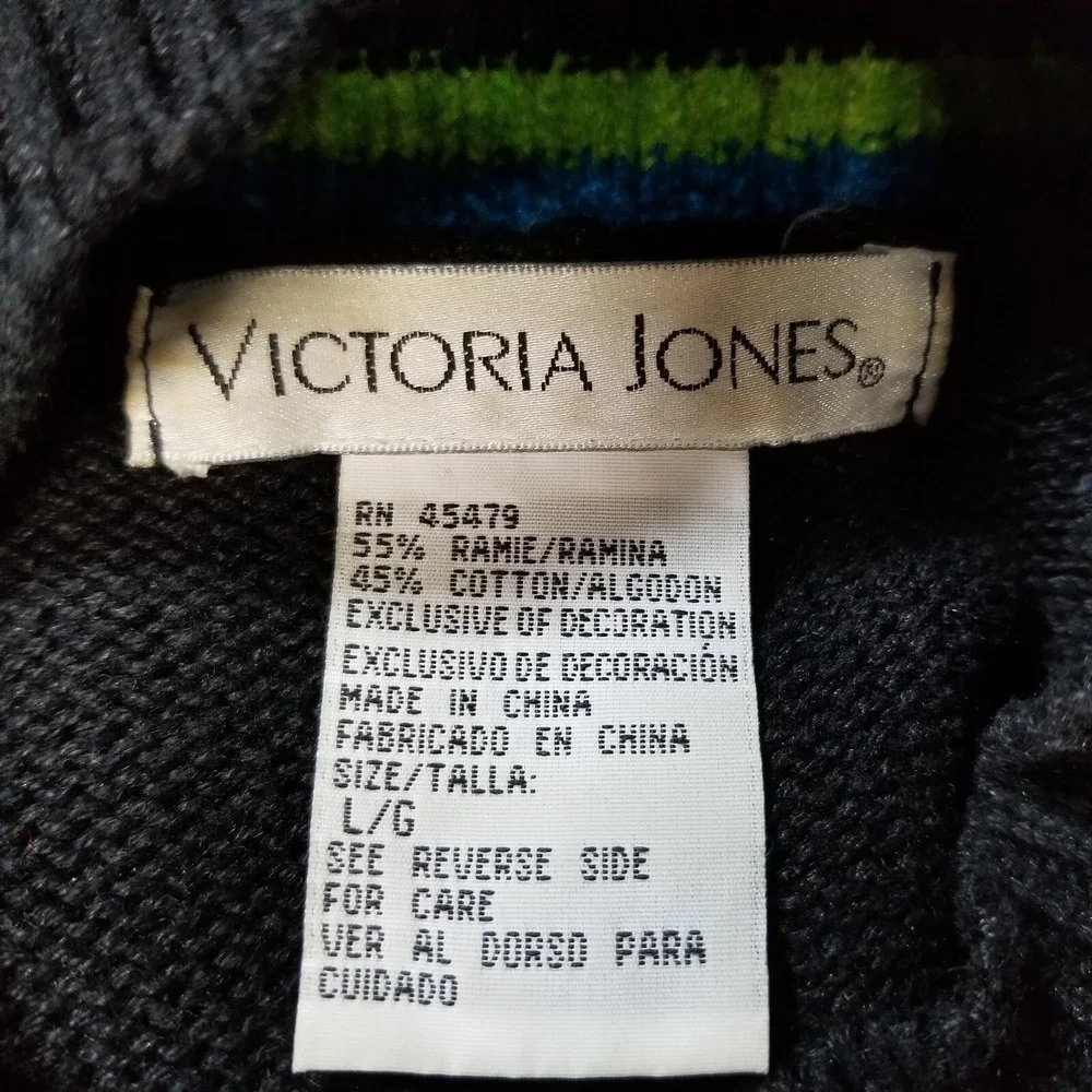 Vintage Sweater Women L‎ Black Argyle Moch Neck Chenille Trim Oversized Tunic